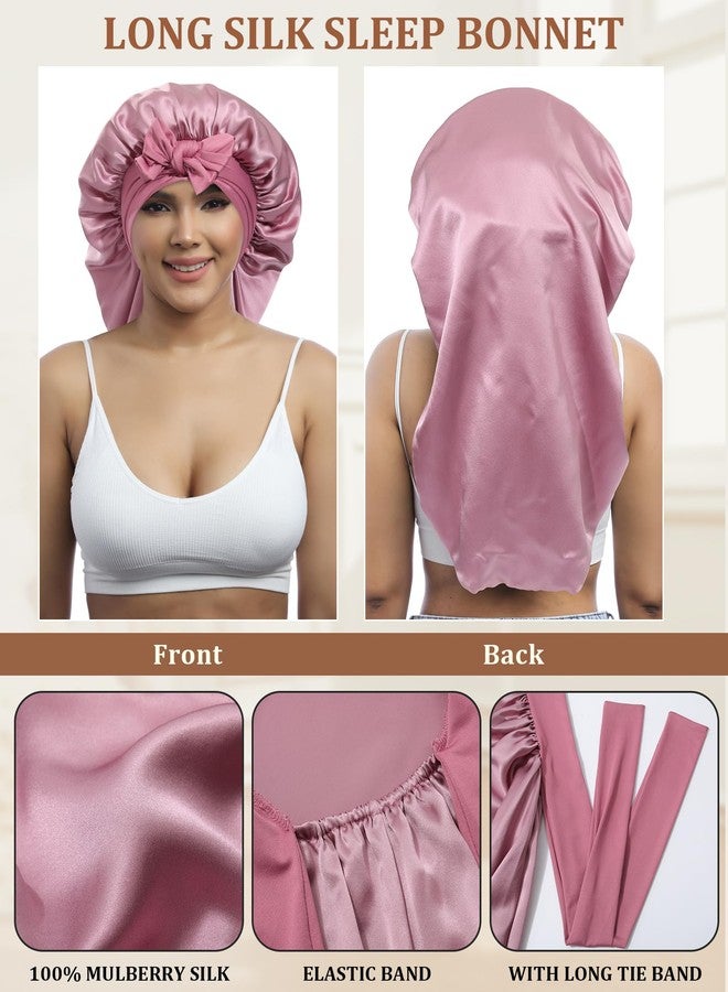 AWAYTR Long Silk Bonnet for Sleeping - 100% Mulberry Silk Bonnet for Women Long Hair Sleep Cap with Elastic Tie Band (Rose Gold) - Image 4