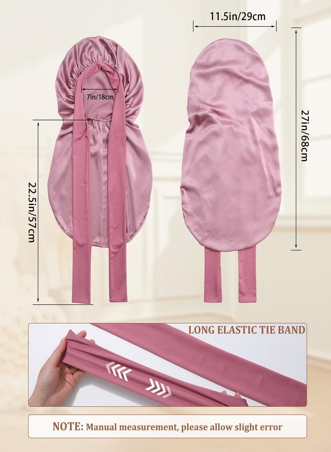 AWAYTR Long Silk Bonnet for Sleeping - 100% Mulberry Silk Bonnet for Women Long Hair Sleep Cap with Elastic Tie Band (Rose Gold) - Image 2