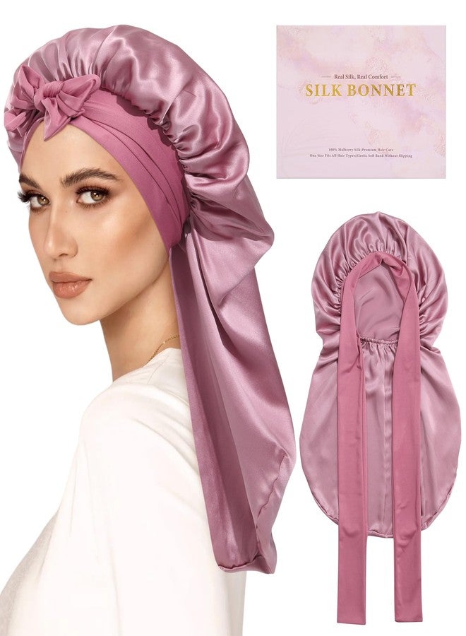AWAYTR Long Silk Bonnet for Sleeping - 100% Mulberry Silk Bonnet for Women Long Hair Sleep Cap with Elastic Tie Band (Rose Gold) - Image 1