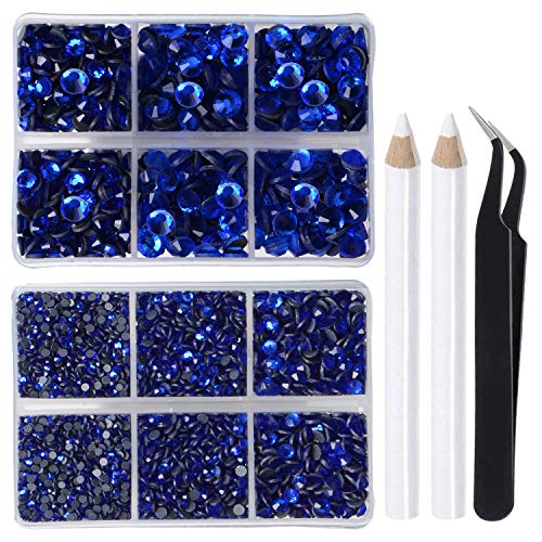 LPBeads 6400 Pieces Hotfix Rhinestones Sapphire Flat Back 5 Mixed Sizes Crystal Round Glass Gems with Tweezers and Picking Rhinestones Pen - Image 1