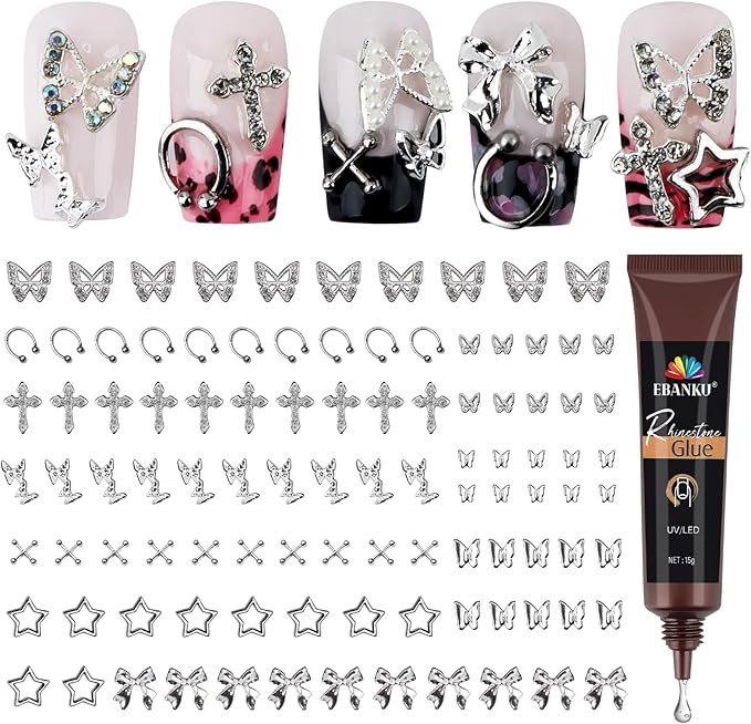 EBANKU 100PCS Nail Charms Y2K Silver Charms Butterfly Bow Star Cross Nail Gems Set with 15g Nail Rhinestones Glue Nail Jewelry Nail Studs Nail Design Crystals for Women Nail Decorations 10 Styles - Image 1