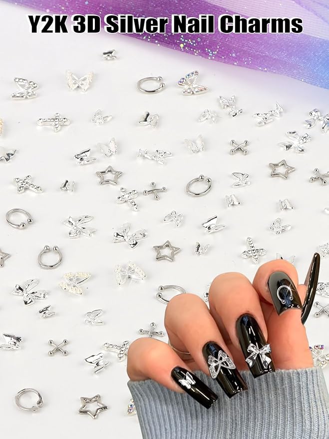 EBANKU 100PCS Nail Charms Y2K Silver Charms Butterfly Bow Star Cross Nail Gems Set with 15g Nail Rhinestones Glue Nail Jewelry Nail Studs Nail Design Crystals for Women Nail Decorations 10 Styles - Image 4
