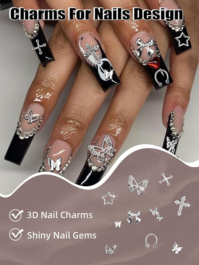EBANKU 100PCS Nail Charms Y2K Silver Charms Butterfly Bow Star Cross Nail Gems Set with 15g Nail Rhinestones Glue Nail Jewelry Nail Studs Nail Design Crystals for Women Nail Decorations 10 Styles - Image 2