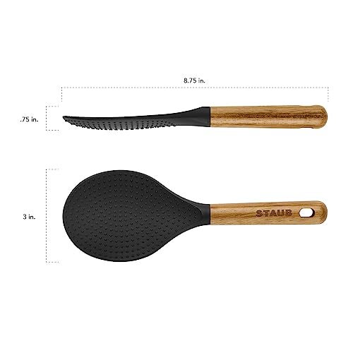 STAUB Rice Spoon, Perfect for Keeping Rice Fluffy While Scooping and Serving, Durable BPA-Free Matte Black Silicone, Acacia Wood Handles, Safe for Nonstick Cooking Surfaces, 8.75 x 3 x 0.75 inches - Image 3
