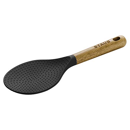 STAUB Rice Spoon, Perfect for Keeping Rice Fluffy While Scooping and Serving, Durable BPA-Free Matte Black Silicone, Acacia Wood Handles, Safe for Nonstick Cooking Surfaces, 8.75 x 3 x 0.75 inches - Image 1