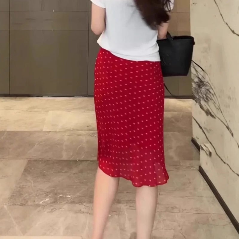 Elastic Waist Red Floral Draped Midi Skirt for Women 2025 Summer New Style Fashionable Niche Relaxed Skirt - Image 5