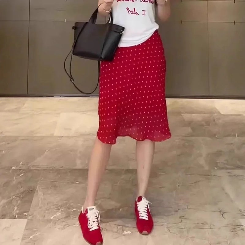 Elastic Waist Red Floral Draped Midi Skirt for Women 2025 Summer New Style Fashionable Niche Relaxed Skirt - Image 3