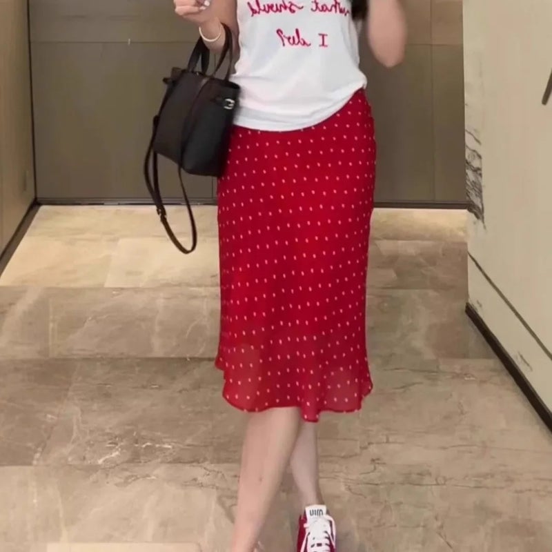 Elastic Waist Red Floral Draped Midi Skirt for Women 2025 Summer New Style Fashionable Niche Relaxed Skirt - Image 4