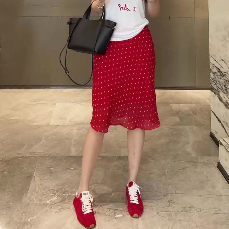 Elastic Waist Red Floral Draped Midi Skirt for Women 2025 Summer New Style Fashionable Niche Relaxed Skirt - Image 1