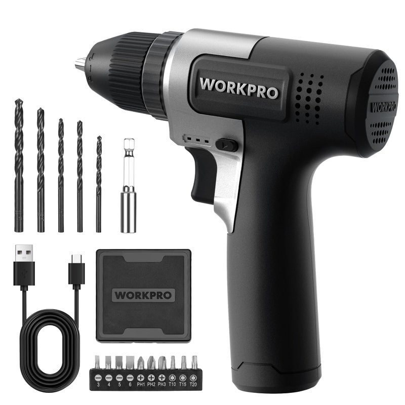 WORKPRO مجموعة مثقاب لاسلكي WORKPRO 8V، مثقاب كهربائي 2Ah مع فكي 3/8'' بدون مفتاح، 15 قطعة، شحن نوع-C، LED مدمج وسرعة متغيرة للحفر والبراغي - Image 1