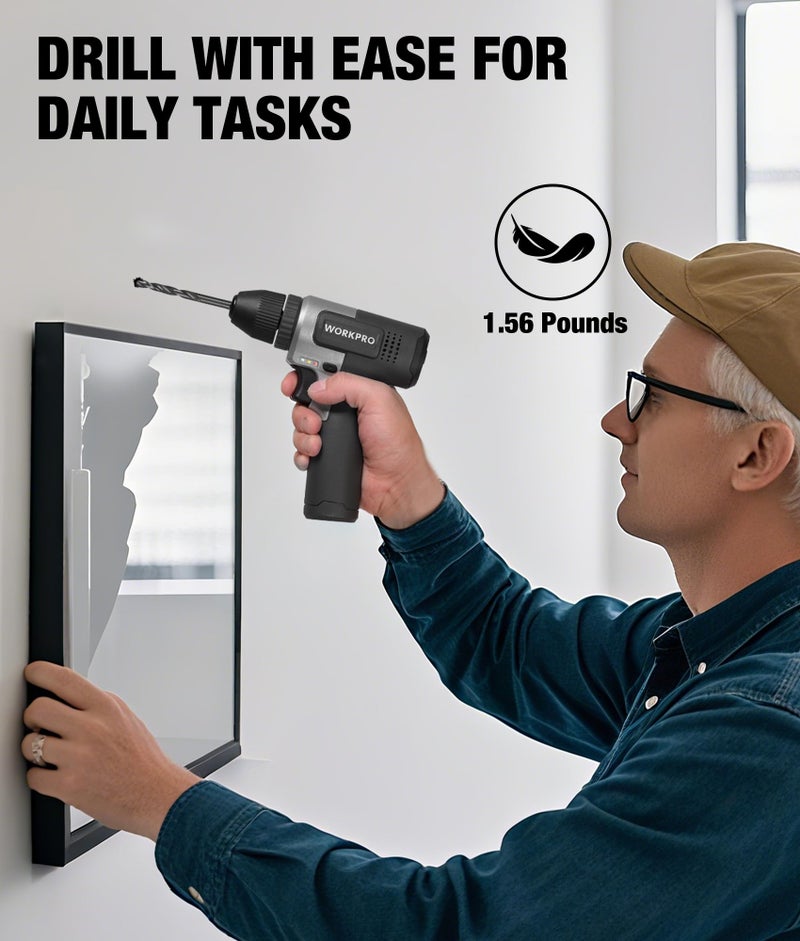 WORKPRO مجموعة مثقاب لاسلكي WORKPRO 8V، مثقاب كهربائي 2Ah مع فكي 3/8'' بدون مفتاح، 15 قطعة، شحن نوع-C، LED مدمج وسرعة متغيرة للحفر والبراغي - Image 2