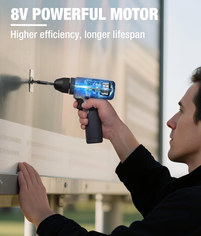 WORKPRO مجموعة مثقاب لاسلكي WORKPRO 8V، مثقاب كهربائي 2Ah مع فكي 3/8'' بدون مفتاح، 15 قطعة، شحن نوع-C، LED مدمج وسرعة متغيرة للحفر والبراغي - Image 5