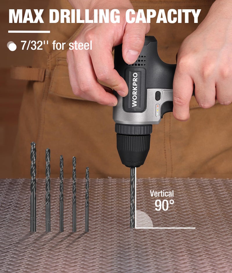 WORKPRO مجموعة مثقاب لاسلكي WORKPRO 8V، مثقاب كهربائي 2Ah مع فكي 3/8'' بدون مفتاح، 15 قطعة، شحن نوع-C، LED مدمج وسرعة متغيرة للحفر والبراغي - Image 4