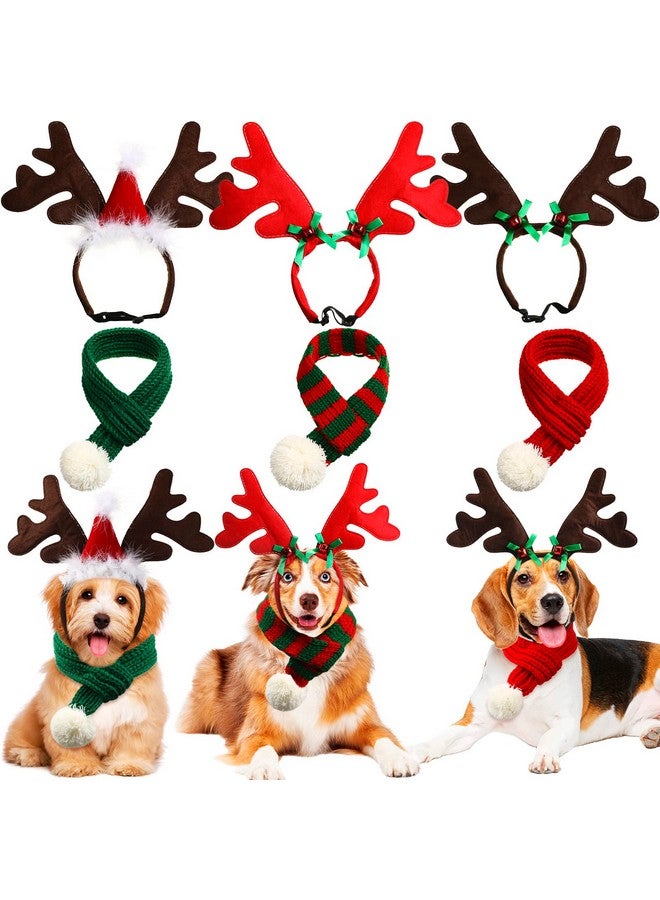 ريجيناري مجموعة من 6 قطع من أزياء الكلاب لعيد الميلاد، 3 عصابات رأس على شكل قرون الرنة والأيائل و3 أوشحة وإكسسوارات أزياء الرنة للحيوانات الأليفة لعيد الميلاد - Image 1