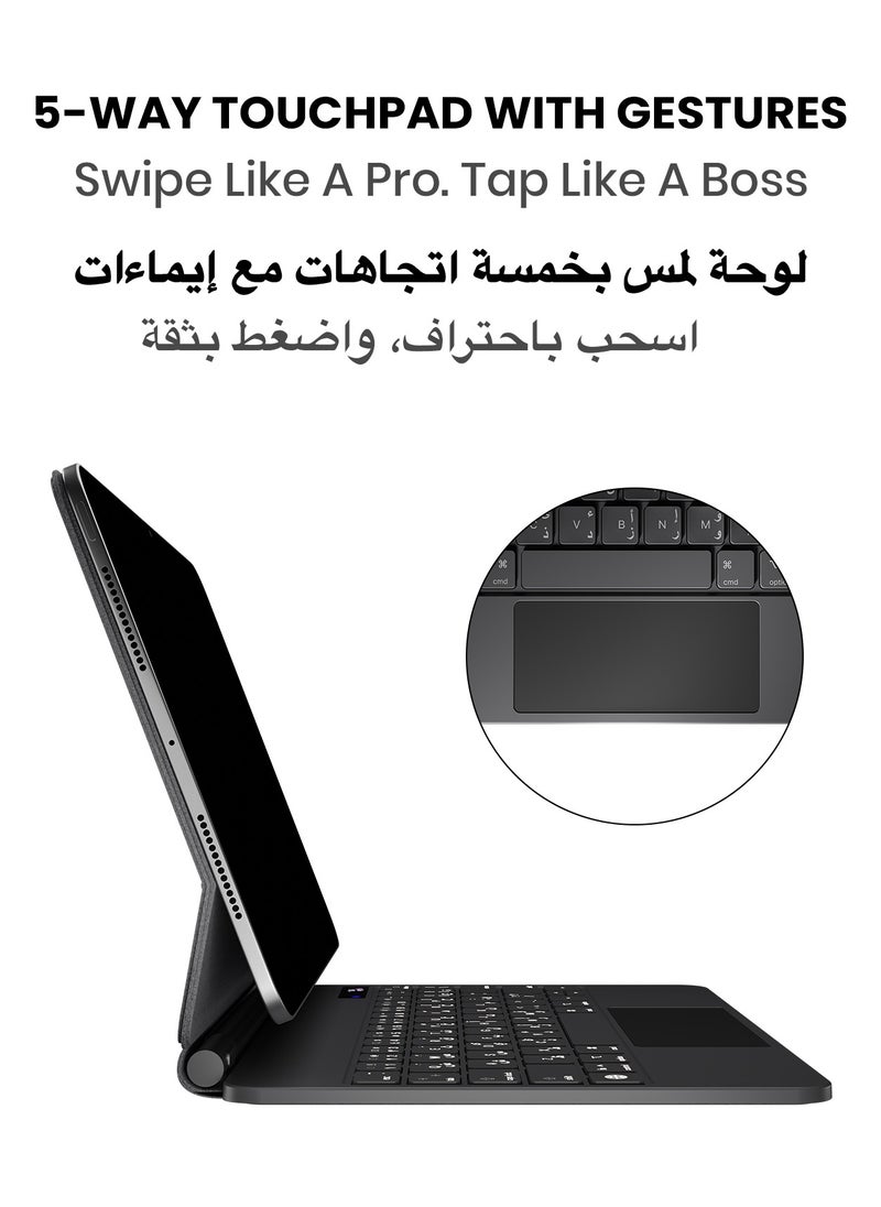 TinyMoose - SpacePad Pro Magic Keyboard for iPad – 5-Way Multi-Touchpad, LED Display, 7-Color Backlit, Scissor Keys, Bluetooth 5.0, Adjustable Stand – Compatible with iPad Air 4/5, iPad Pro 11 (2018–2022), iPad Air 11 (2024) – Carbon Black – Supports English & Arabic - Image 1