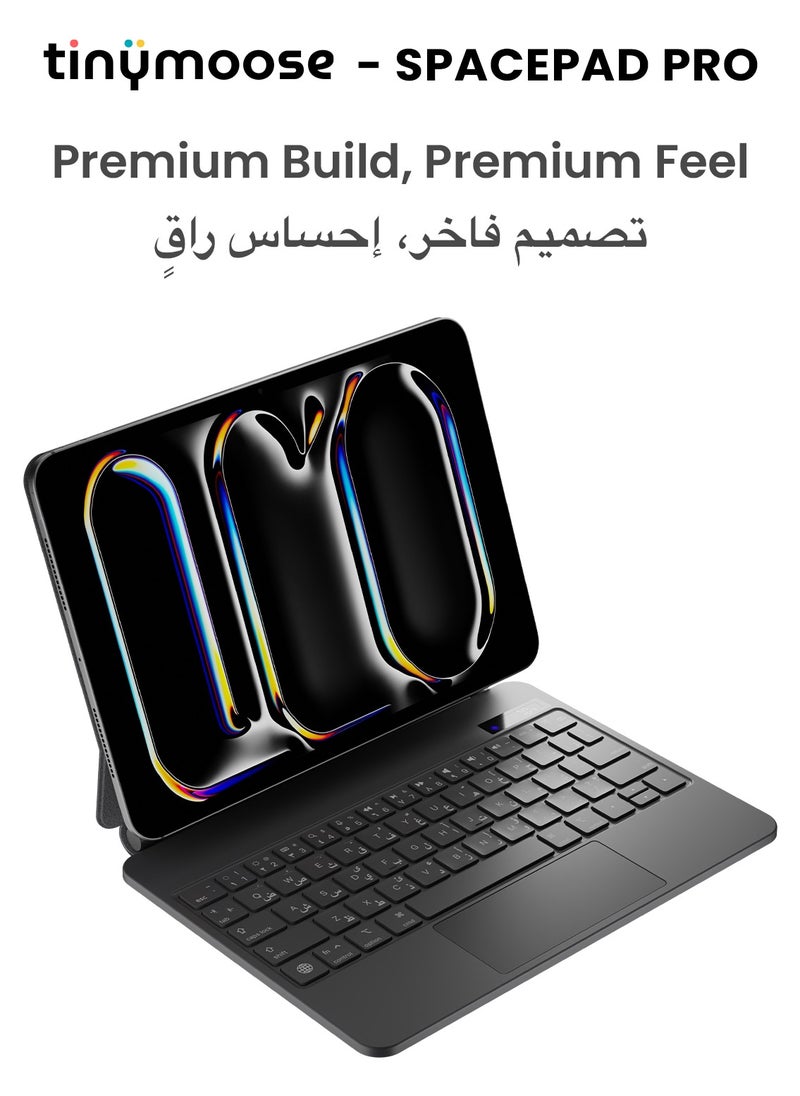 TinyMoose - SpacePad Pro Magic Keyboard for iPad – 5-Way Multi-Touchpad, LED Display, 7-Color Backlit, Scissor Keys, Bluetooth 5.0, Adjustable Stand – Compatible with iPad Air 4/5, iPad Pro 11 (2018–2022), iPad Air 11 (2024) – Carbon Black – Supports English & Arabic - Image 1
