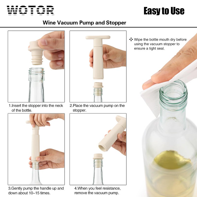 WOTOR Wine Saver Vacuum Pump with 4 Stoppers, Wine Stopper & Preserver, Reusable Bottle Sealer Keeps Fresh, Ideal Accessories Gift, Flat Handle (Cream) - Image 5