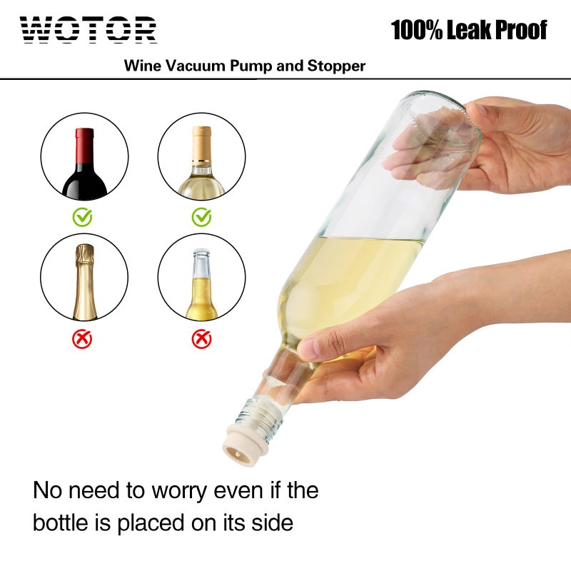WOTOR Wine Saver Vacuum Pump with 4 Stoppers, Wine Stopper & Preserver, Reusable Bottle Sealer Keeps Fresh, Ideal Accessories Gift, Flat Handle (Cream) - Image 4
