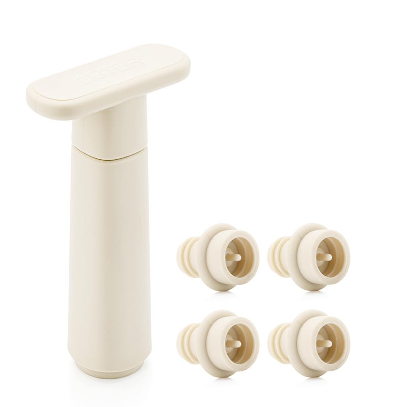 WOTOR Wine Saver Vacuum Pump with 4 Stoppers, Wine Stopper & Preserver, Reusable Bottle Sealer Keeps Fresh, Ideal Accessories Gift, Flat Handle (Cream) - Image 1