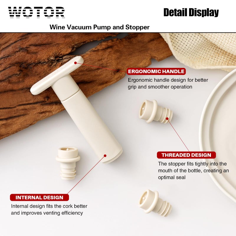 WOTOR Wine Saver Vacuum Pump with 4 Stoppers, Wine Stopper & Preserver, Reusable Bottle Sealer Keeps Fresh, Ideal Accessories Gift, Flat Handle (Cream) - Image 3