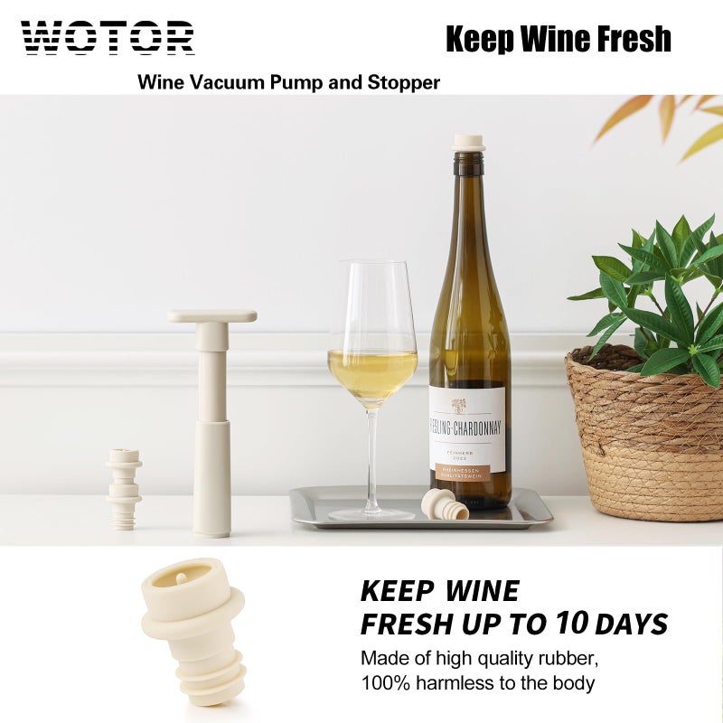 WOTOR Wine Saver Vacuum Pump with 4 Stoppers, Wine Stopper & Preserver, Reusable Bottle Sealer Keeps Fresh, Ideal Accessories Gift, Flat Handle (Cream) - Image 2