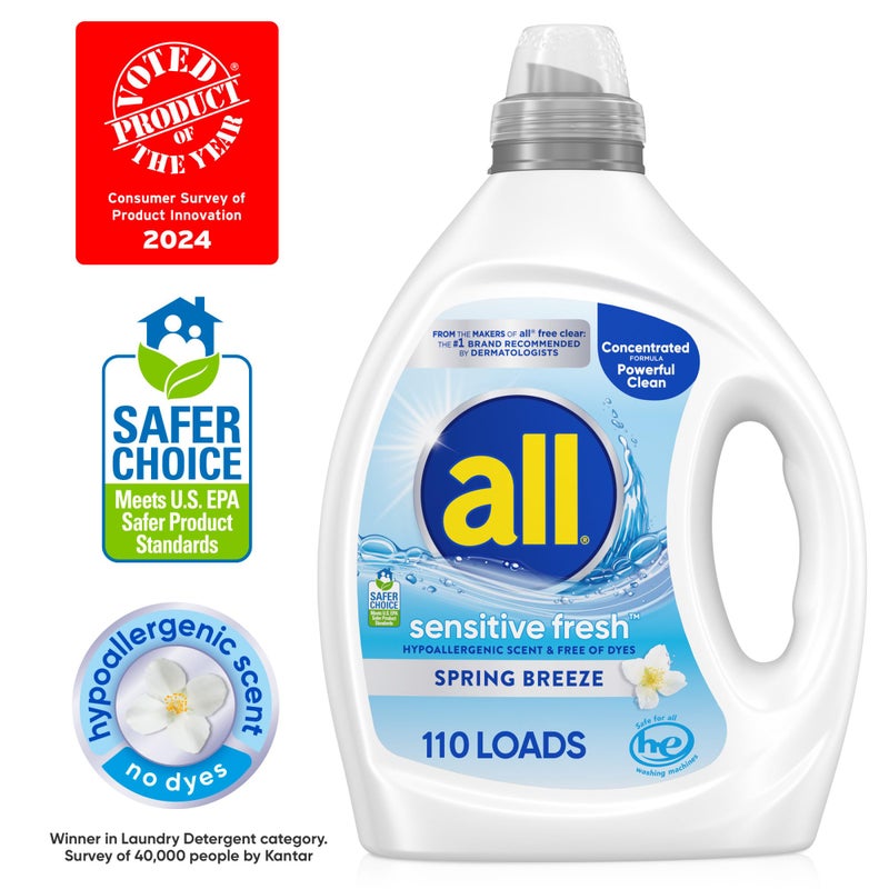 all sensitive fresh™, Spring Breeze, Scented Liquid Laundry Detergent for Sensitive Skin, Hypoallergenic, Free of Dyes, Concentrated, 82.5oz, 110 Loads - Image 2