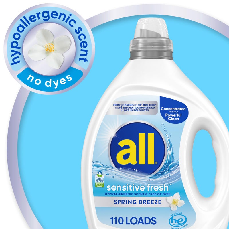 all sensitive fresh™, Spring Breeze, Scented Liquid Laundry Detergent for Sensitive Skin, Hypoallergenic, Free of Dyes, Concentrated, 82.5oz, 110 Loads - Image 3