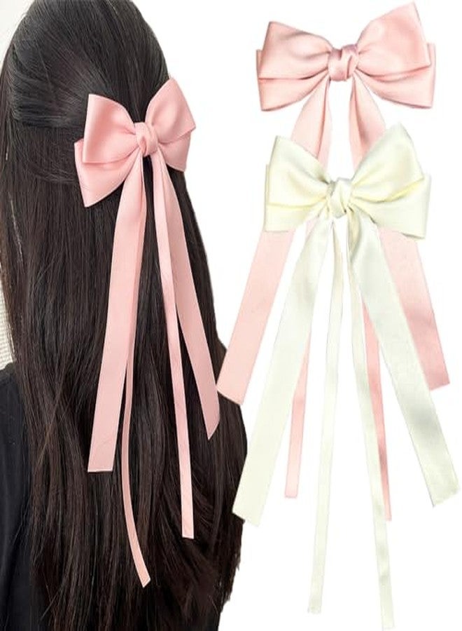 Cerun 2 Psc Premium Hair Clip Pink Satin Hair Ribbon Bows with Long Tail for Women Girls - Cute Hair Accessories for Hair Design - Image 1