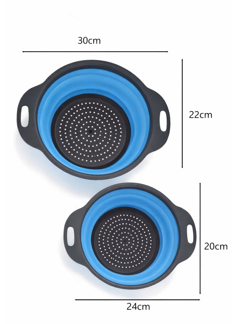 Durable 2 pcs silicone strainers with collapsible design for easy storage. Perfect kitchen solution for draining pasta, rinsing fruits, and cleaning vegetables efficiently(Blue) - Image 5
