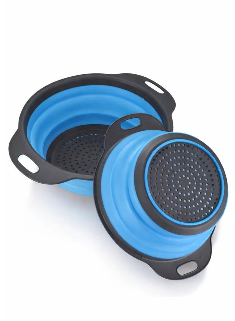 Durable 2 pcs silicone strainers with collapsible design for easy storage. Perfect kitchen solution for draining pasta, rinsing fruits, and cleaning vegetables efficiently(Blue) - Image 1