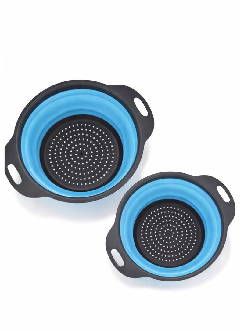 Durable 2 pcs silicone strainers with collapsible design for easy storage. Perfect kitchen solution for draining pasta, rinsing fruits, and cleaning vegetables efficiently(Blue) - Image 2