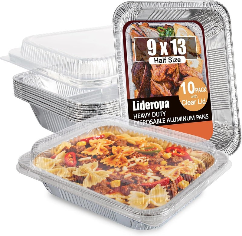 Lideropa Aluminum Pans with Clear Lids 9x13-10 Pack Aluminum Foil Pans, Heavy Duty Disposable Pans for Cooking, Storing, Prepping, and Freezing Food - Image 1