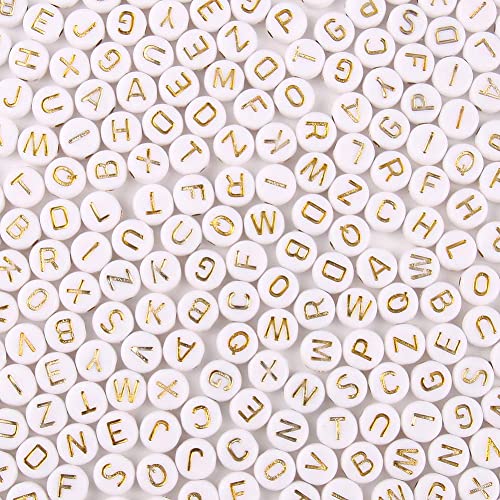 Xilitata 600pcs Acrylic Letter Beads Alphabet Gold Letters White Round Bead, 4x7mm, for Friendship Bracelets and Gifts Souvenir Jewelry Making - Image 1