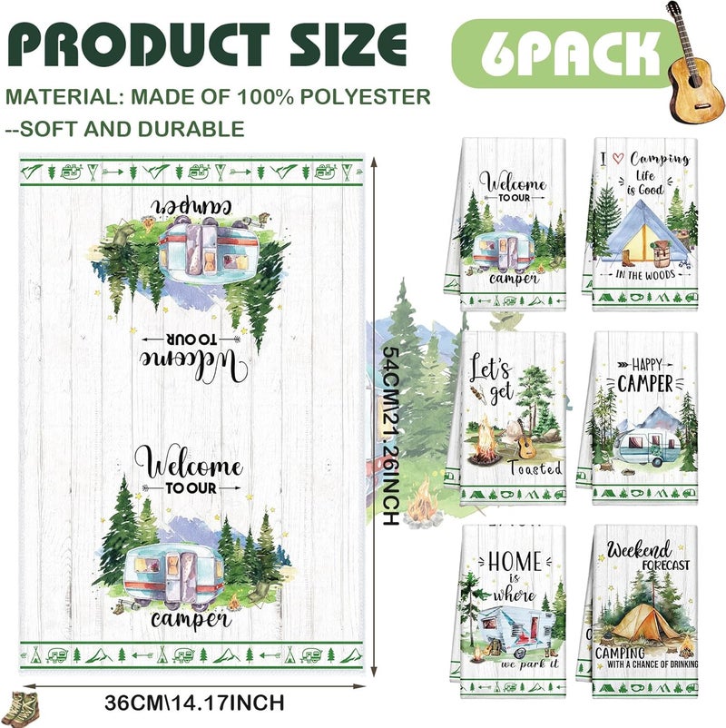 Macarrie 6 Pcs Camping Kitchen Towels Watercolor Style Dish Towels Camper Absorbent Hand Towels Kit with Funny Camping Pattern 21 x 14 Inches for Cool Camping Gifts Camping Accessories for RV Campers - Image 2
