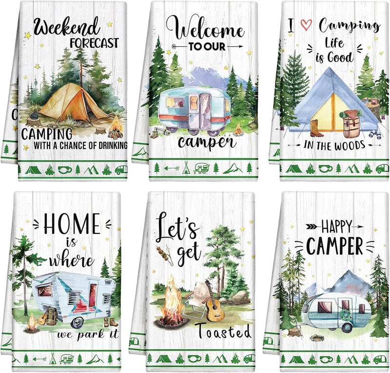 Macarrie 6 Pcs Camping Kitchen Towels Watercolor Style Dish Towels Camper Absorbent Hand Towels Kit with Funny Camping Pattern 21 x 14 Inches for Cool Camping Gifts Camping Accessories for RV Campers - Image 1