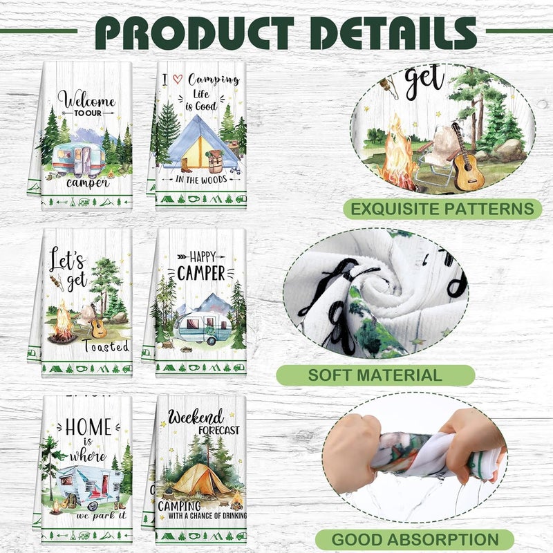 Macarrie 6 Pcs Camping Kitchen Towels Watercolor Style Dish Towels Camper Absorbent Hand Towels Kit with Funny Camping Pattern 21 x 14 Inches for Cool Camping Gifts Camping Accessories for RV Campers - Image 3