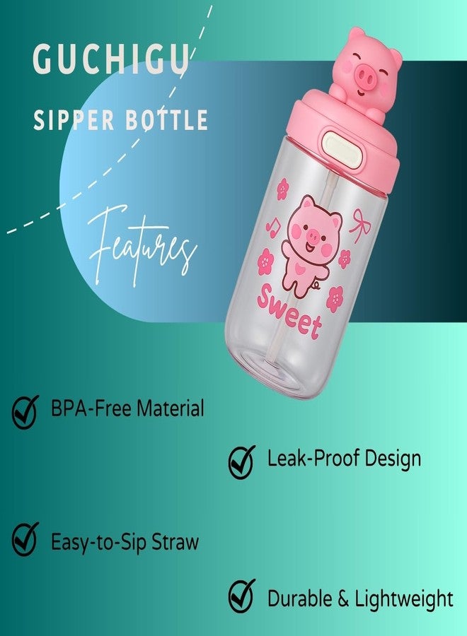 GUCHIGU Kids Sipper Bottle with Straw for Baby | Leak-Proof, BPA-Free Water Bottle with Cute Design Lid & Strap | Easy Grip, 360° Drinking | Baby Toddler Water Sipper Cup (Pink, 450ml) - Image 5