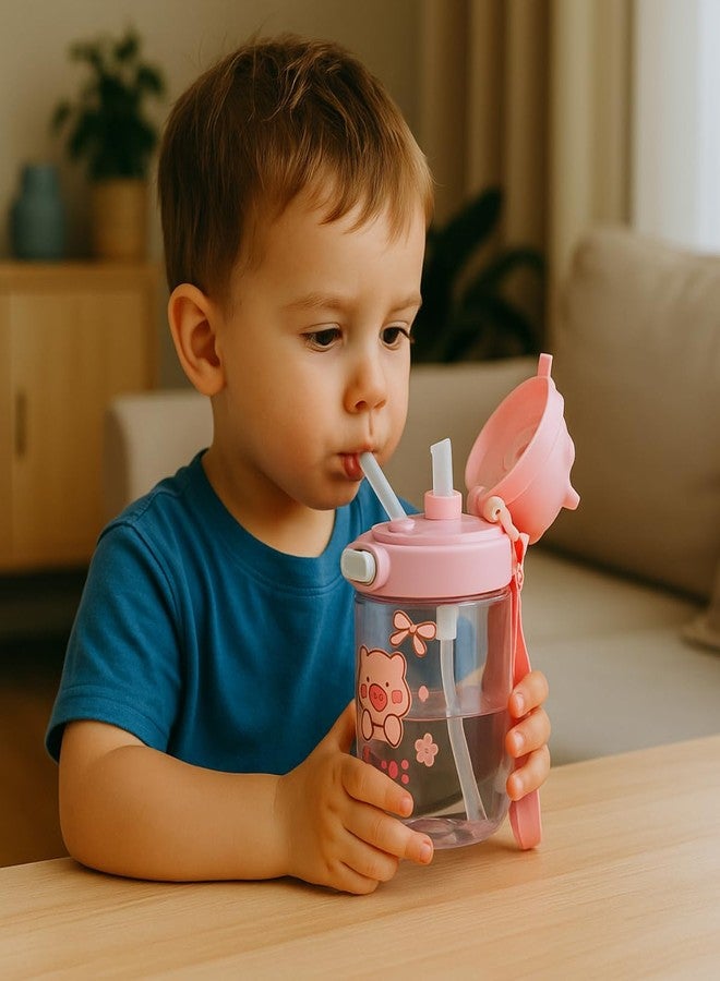 GUCHIGU Kids Sipper Bottle with Straw for Baby | Leak-Proof, BPA-Free Water Bottle with Cute Design Lid & Strap | Easy Grip, 360° Drinking | Baby Toddler Water Sipper Cup (Pink, 450ml) - Image 2