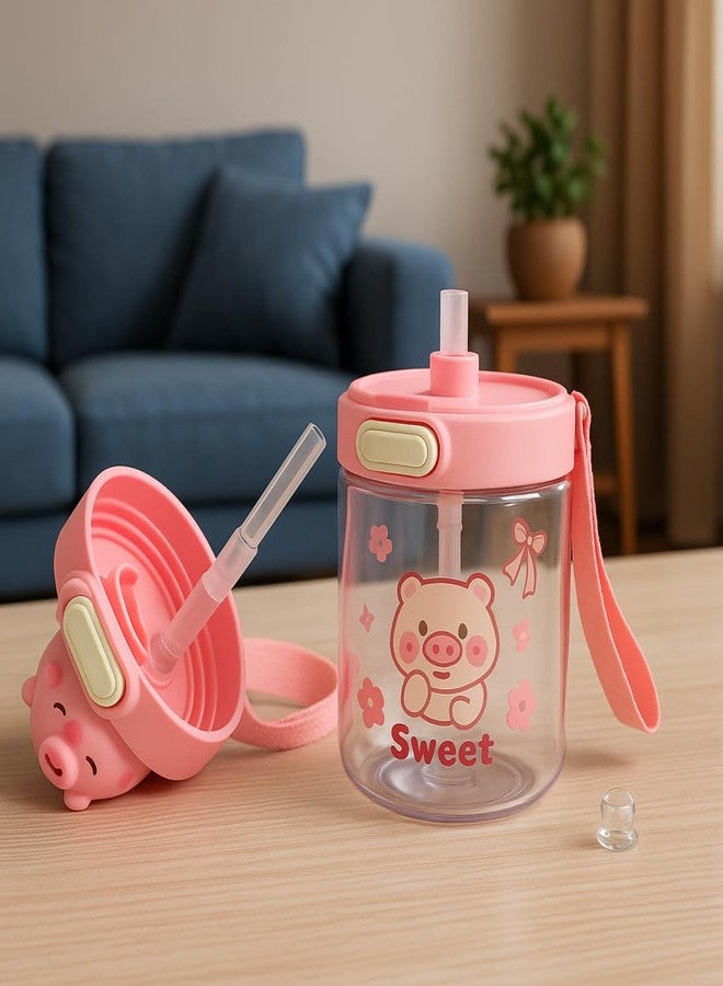 GUCHIGU Kids Sipper Bottle with Straw for Baby | Leak-Proof, BPA-Free Water Bottle with Cute Design Lid & Strap | Easy Grip, 360° Drinking | Baby Toddler Water Sipper Cup (Pink, 450ml) - Image 3