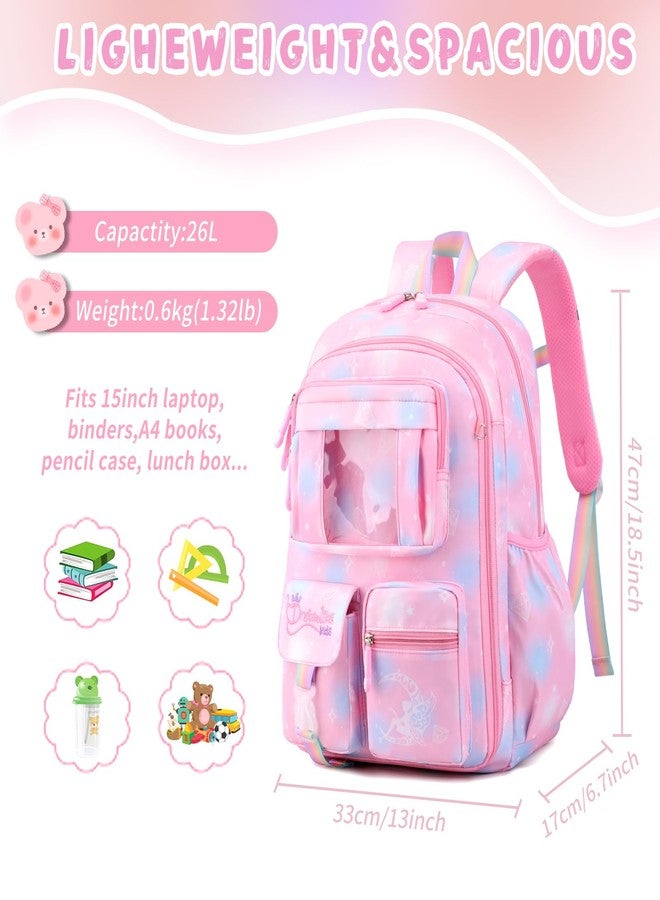 BEFUNIRISE Girls School Backpack, Cute 16-17 inch Pink Large, Trendy Daypack with Unique 180 Degree Opening, Multiple Compartments, Adjustable Straps, Padded Back Panel, Reflective Strips - Image 2