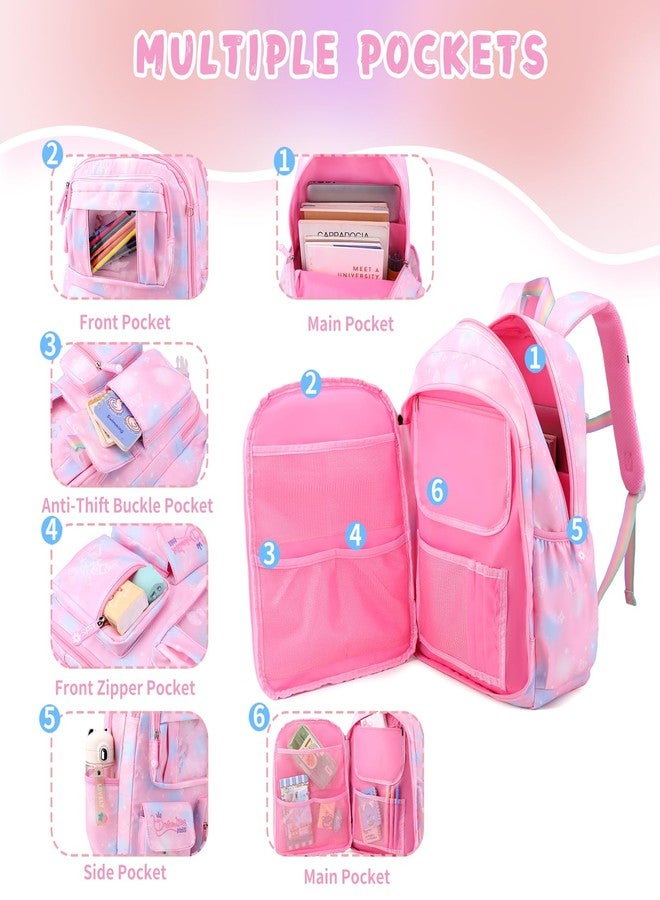BEFUNIRISE Girls School Backpack, Cute 16-17 inch Pink Large, Trendy Daypack with Unique 180 Degree Opening, Multiple Compartments, Adjustable Straps, Padded Back Panel, Reflective Strips - Image 3