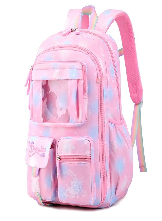 BEFUNIRISE Girls School Backpack, Cute 16-17 inch Pink Large, Trendy Daypack with Unique 180 Degree Opening, Multiple Compartments, Adjustable Straps, Padded Back Panel, Reflective Strips - Image 1