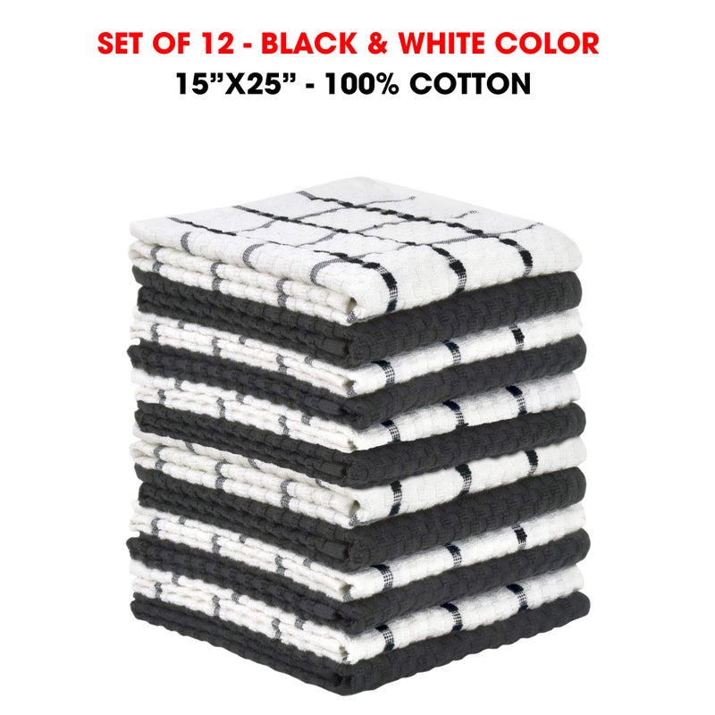 TALVANIA Kitchen Dish Towels  100% Cotton Dobby Weave Terry Towel Set  12 Pack Soft and Absorbent Multipurpose Dish Cloth  Hand Towel and All Kitchen Cleaning 15  X 25  Washable (Black & White) - Image 4
