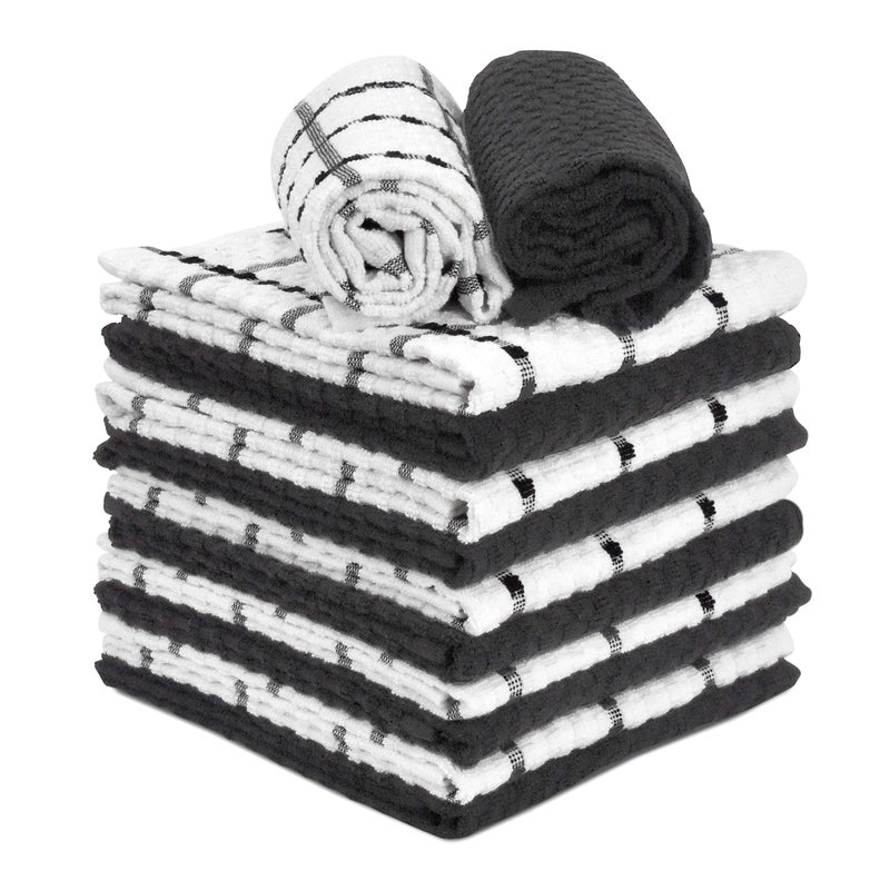 TALVANIA Kitchen Dish Towels  100% Cotton Dobby Weave Terry Towel Set  12 Pack Soft and Absorbent Multipurpose Dish Cloth  Hand Towel and All Kitchen Cleaning 15  X 25  Washable (Black & White) - Image 1