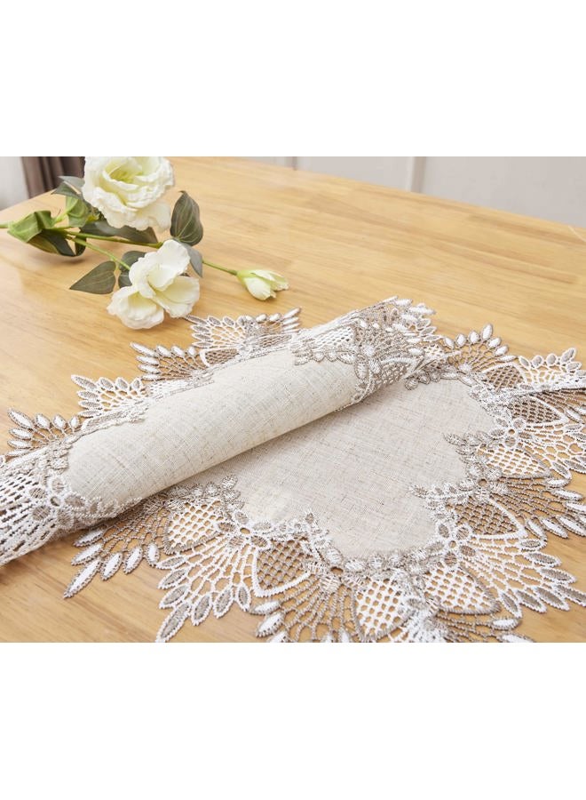 Raedan Natural Linen Placemats Set of 2, Neutral Earth Tones Beige Lace Coffee Doily Table Topper Dresser Scarf Place Mats (Set of 2, Natural) - Image 4