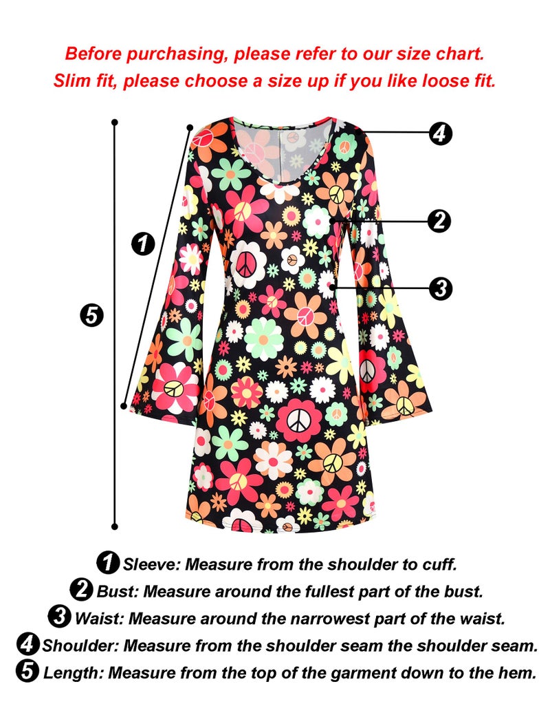 Deerjoke 60s 70s Disco Outfit Hippie Costume Women, 1970 Style Clothes Dress Accessories Jewelry Halloween (Black, X-Large) - Image 2