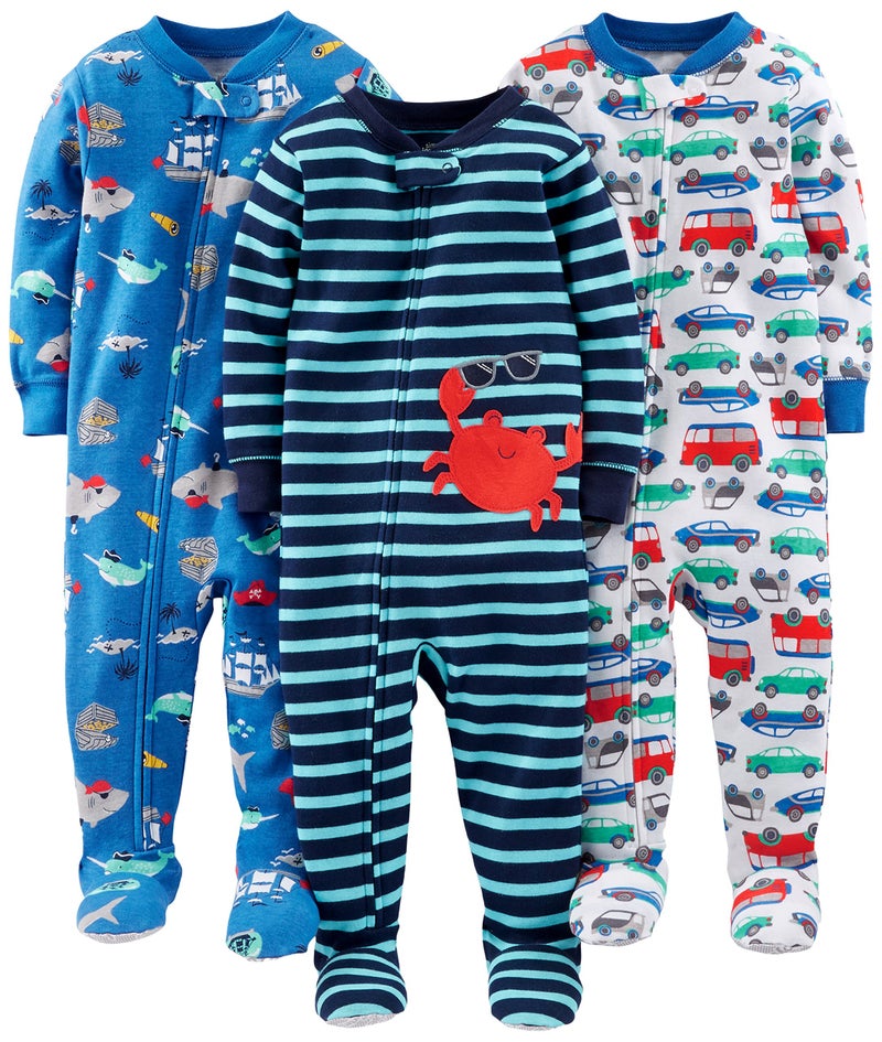 Simple Joys by Carter's Baby Boys' 3-Pack Snug Fit Footed Cotton Pajamas, Blue Sea Life/Navy Stripe/White Cars, 24 Months