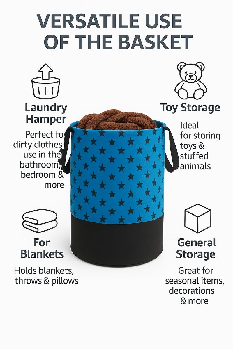 BB BACKBENCHERS Heavy Duty Laundry Basket | Large Round Collapsible Storage Hamper | for Blankets, Toys & Laundry | Foldable Home Organizer for Dorm, Apartment | Blue Star - Image 3