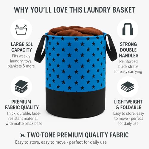 BB BACKBENCHERS Heavy Duty Laundry Basket | Large Round Collapsible Storage Hamper | for Blankets, Toys & Laundry | Foldable Home Organizer for Dorm, Apartment | Blue Star - Image 2