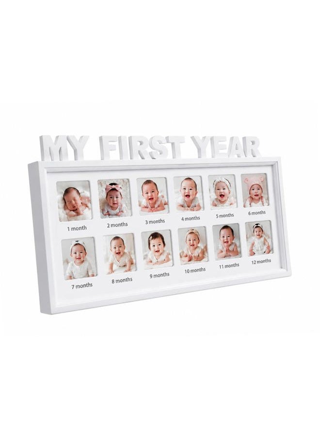 MICKYU Baby Picture Frames, My First Year 12 Monthly Keepsake Photo Frame for Newborn Baby, First Mothers Day Gifts for Mom Parents (White) - Image 1